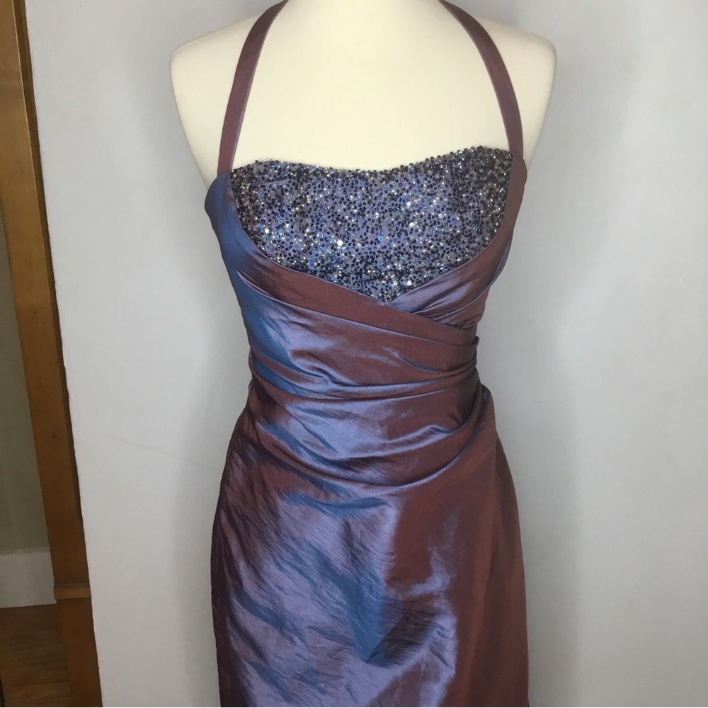 Camille La Vie SZ 2 Iridescent Purple Heart Shaped Beaded Bodice Halter Gown